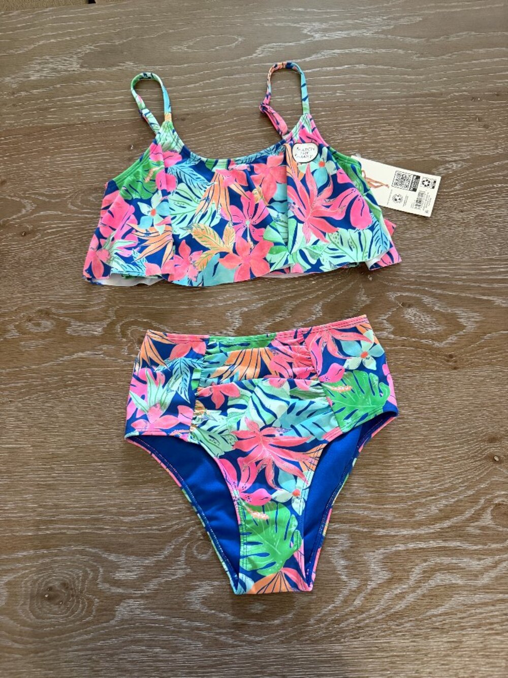 NWT!  Girls Members Mark blue/pink floral 2 piece bathing suit size large 10/12